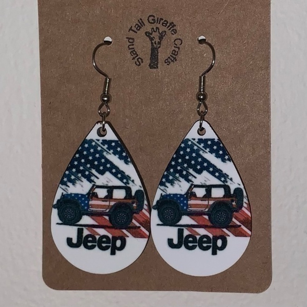 Jeep American flag wood tear drop earrings new